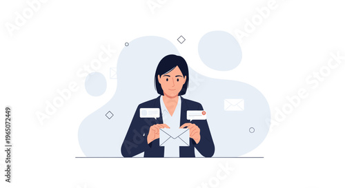 Businesswoman holding envelope with email notifications and messages, communication concept