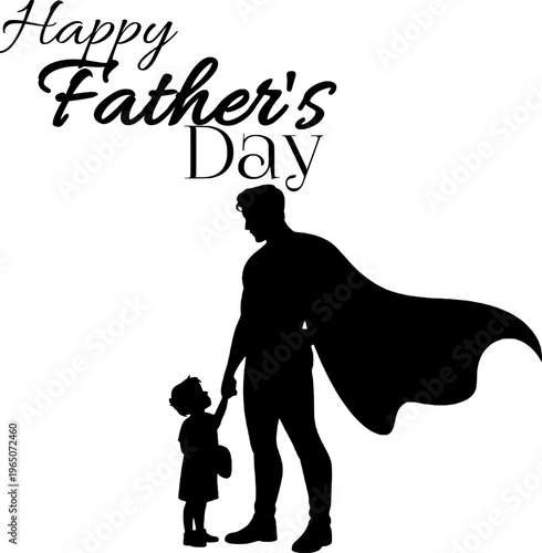 Father silhouette with child celebrates superhero day. Happy father's day