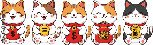 Cute Japanese lucky cat Maneki-neko vector set with gold coins and money bags for wealth, prosperity, fortune, and lunar new year celebration.