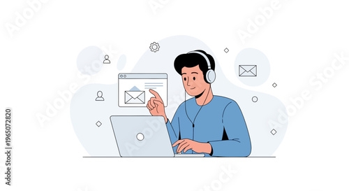 Man with headphones using laptop for email communication and online support