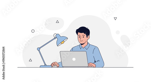 Young man working on a laptop at a desk with a desk lamp, modern illustration
