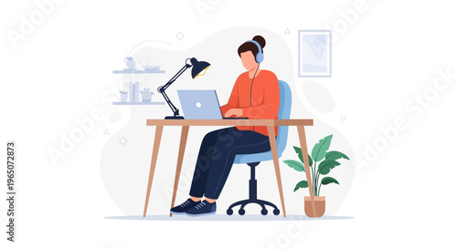 Woman working on laptop at desk with headphones and desk lamp, home office setup