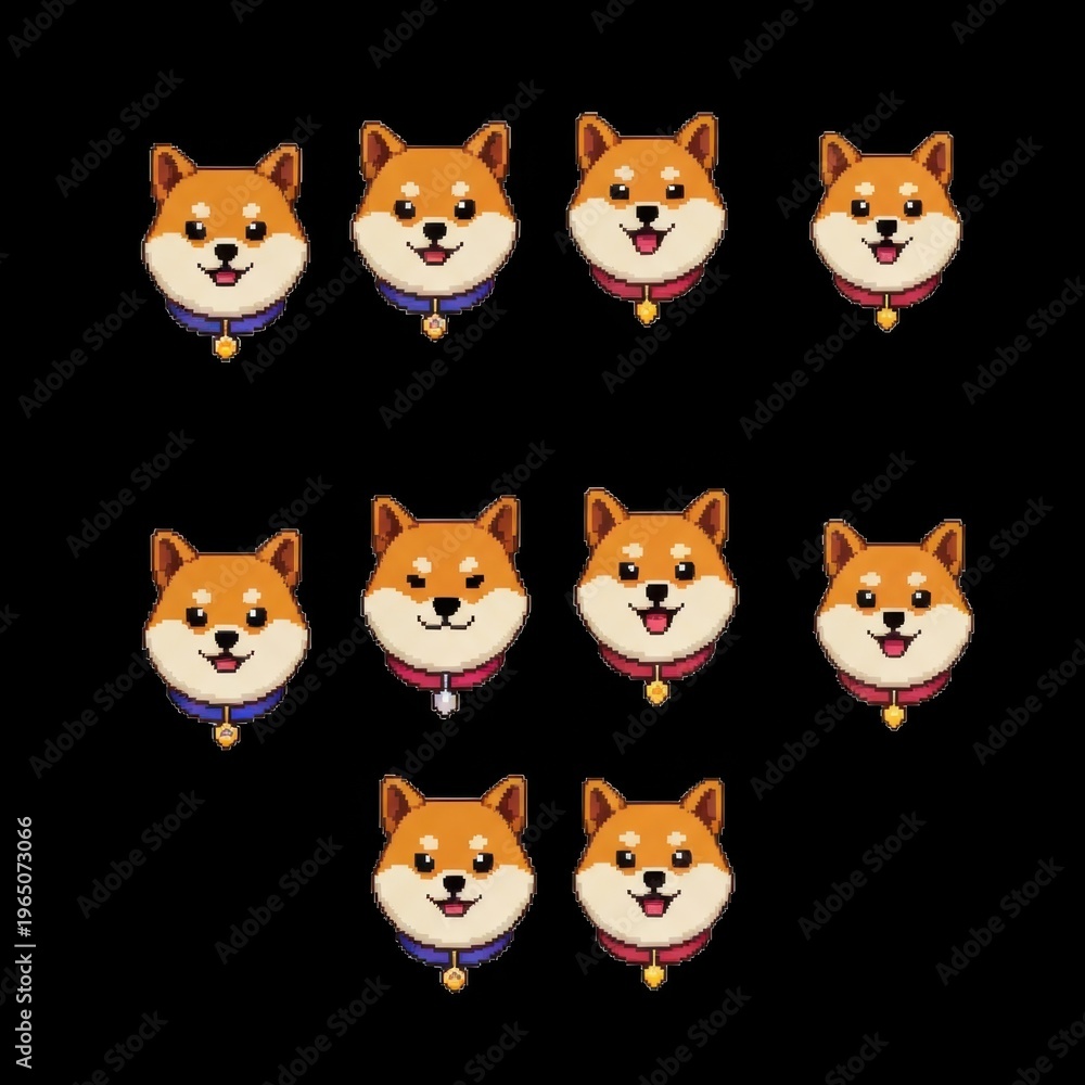 Fototapeta premium Pixel Art Shiba Inu Dog Faces with Collars, Cute Cartoon Emoticons on Black Background