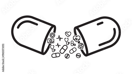 Open Capsule Pills Icon Illustration Showing Medication Release Pharmaceutical Treatment and Drug Therapy Concept