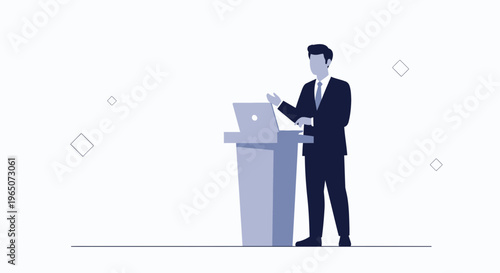 Businessman giving presentation at podium with laptop, modern flat design