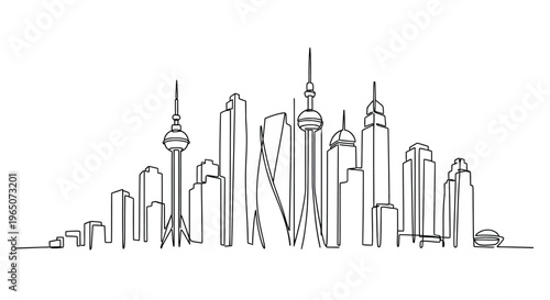 City Skyline Silhouette, Continuous Line Drawing