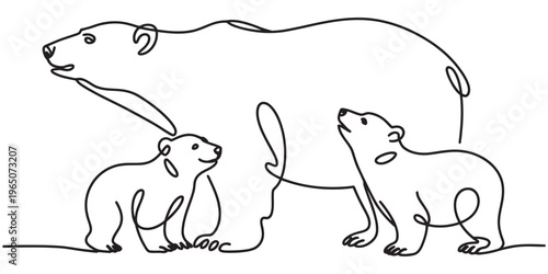 A single continuous line drawing of a mother polar bear standing with her two small playful cubs. Vector, illustration