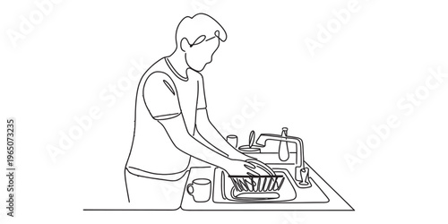 A continuous line drawing of a person standing at a kitchen sink and washing dirty dishes by hand. Vector, illustration