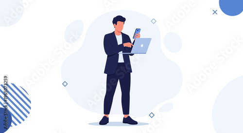 Man in Suit Using Laptop and Smartphone, Modern Business Technology Concept