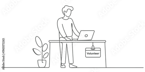 A line art illustration of a person standing at a desk and working on a laptop as a volunteer Vector, illustration