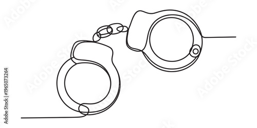 A minimalist single continuous line drawing of metallic handcuffs isolated on a white background Vector, illustration