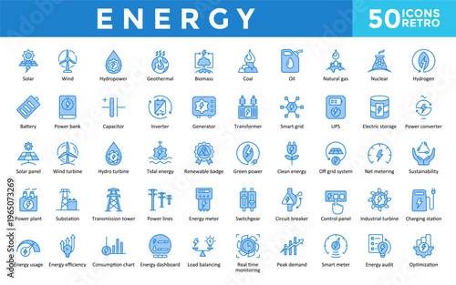 Energy icons set with energy dashboard, load balancing, real time monitoring, peak demand, hydropower, geothermal icon. Simple retro vector. Editable stroke. 
