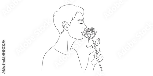 A minimalist black and white line art drawing of a young person gently smelling a single rose Vector, illustration