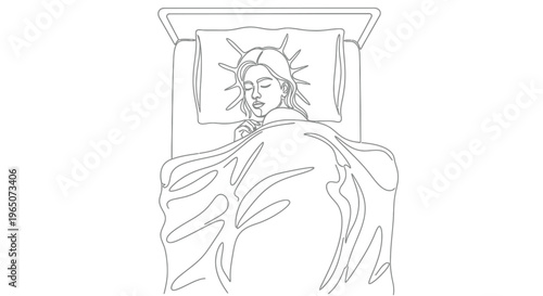 Woman Sleeping Peacefully in Bed, Line Art Illustration