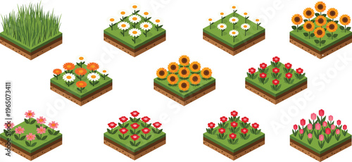 Isometric garden flower bed set with colorful sunflowers, tulips, daisies, and grass tiles isolated on white background for landscape design and game environment graphics.