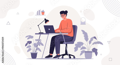 Person working on laptop at desk with plants, home office, remote work, flat illustration