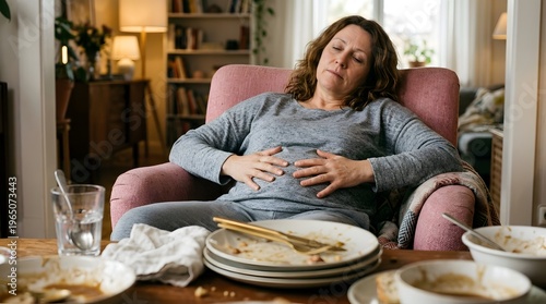 A woman with a full stomach and indigestion pain sits in an armchair after a large meal with many dirty dishes on the table.
