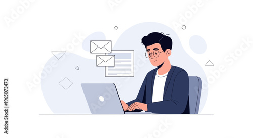 Man working on laptop with emails flying out, digital communication concept