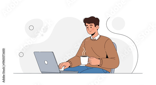 Man working on laptop with coffee, enjoying a break, modern illustration