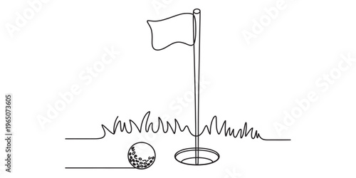 A single continuous line drawing of a golf ball sitting next to a hole with a flag on the green Vector, illustration