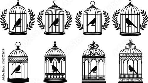 Set of black birdcage silhouettes with songbirds and laurel wreaths isolated on white background featuring vintage decorative wire cages for elegant wedding stationery designs.