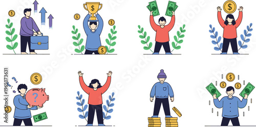 Flat vector illustration set of people celebrating financial success, saving money in piggy bank, holding gold trophy and cash.