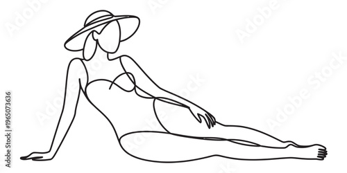 Minimalist continuous line drawing of a woman wearing a sun hat while reclining on the beach sand Vector, illustration