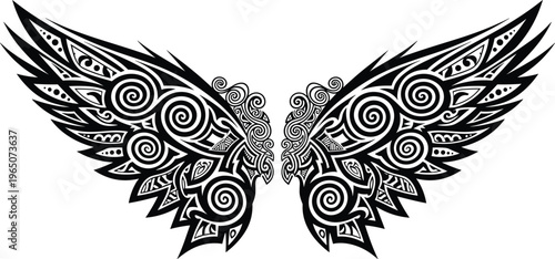 Intricate black tribal wings vector illustration featuring decorative Celtic swirls and Polynesian patterns isolated on white background for tattoo designs, emblems, and creative logos.
