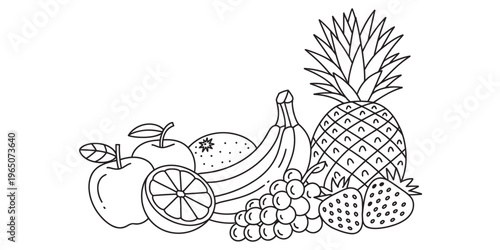 A black and white line art illustration featuring an assortment of fresh tropical summer fruits Vector, illustration