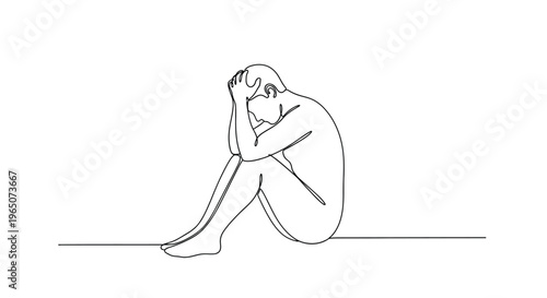 Man in Despair, Sitting Figure, Line Art Illustration