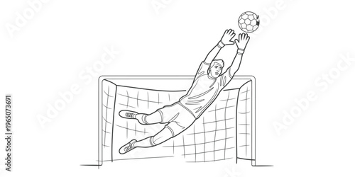 A black and white line drawing of a soccer goalkeeper jumping to catch a ball in the football net. Vector, illustration