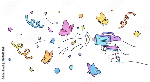 A hand holding a colorful toy gun with confetti, stars, and butterflies exploding out of it, conveying a playful mood for April Fools' Day against a clean white background.