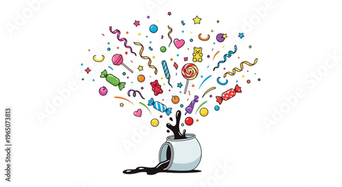 Colorful illustration of a teapot with confetti and party decorations coming out, symbolizing April Fools' Day celebration on a white background, with a playful design for business or event