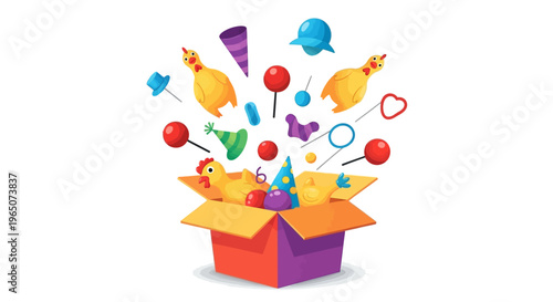 Colorful illustration of a box with various icons and symbols popping out, representing an April Fools' Day celebration with a playful and humorous tone against a clean background.