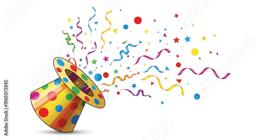 Colorful illustration of a polka-dot party hat with confetti and ribbons exploding out of it on a white background, symbolizing the annual tradition of April Fools' Day with a playful and
