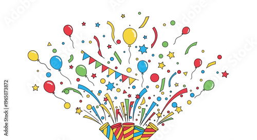 Colorful illustration of April Fools' Day celebration with party popper, balloons, and confetti on a white background, symbolizing annual tradition of spreading harmless hoaxes and jokes.