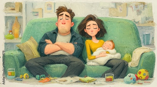 Tired parents sleeping on a sofa with a newborn baby on chest, messy room with toys on floor, exhausted parenting reality concept 