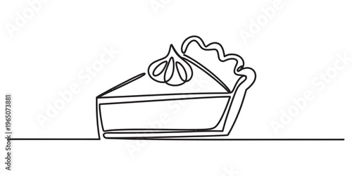 A continuous single line drawing of a delicious slice of pie topped with a dollop of whipped cream Vector, illustration