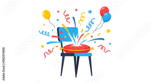 Colorful illustration of a chair with balloons, streamers, and confetti on a white background, representing an April Fools' Day celebration or prank event with a playful and humorous design.