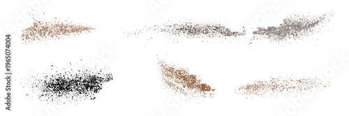 Flying coffee or chocolate powder, dust particles in motion, ground splash isolated on light background. Vector illustration.