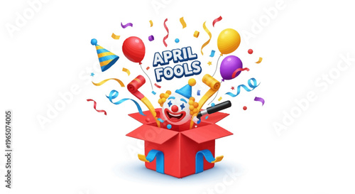 A colorful illustration of a red gift box with confetti and balloons, depicting an April Fools' Day celebration with a playful character, against a clean white background.
