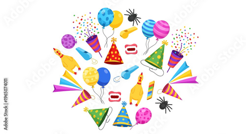 Colorful illustration of party objects and icons arranged in a circular design on a white background for April Fools' Day, an annual tradition of spreading harmless hoaxes.