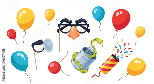 Colorful illustration of April Fools' Day icons, including balloons, party popper, and comedic masks on sticks, against a clean white background, symbolizing annual tradition of harmless