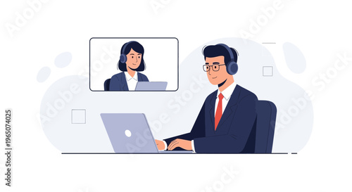 Business meeting online: man and woman in video call, working remotely