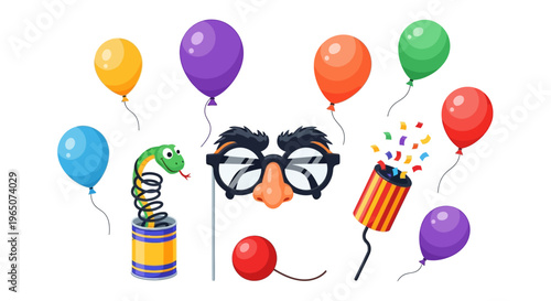 A playful April Fools' Day illustration featuring a cartoon face with glasses, surrounded by colorful balloons and party poppers on a white background, symbolizing the annual tradition of