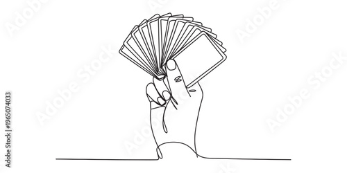 A single continuous line drawing of a human hand holding a fan of playing cards against background Vector, illustration
