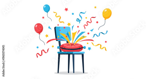 Illustration of a chair with colorful balloons and confetti popping out of a red seat on a white background, symbolizing an April Fools' Day prank or joke in a playful, festive atmosphere.