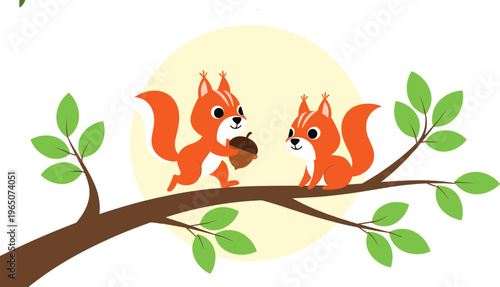 Cute Flat Vector Illustration of Two Squirrel Characters on a Tree Branch with an Acorn and Green Leaves Isolated on White for Children's Books and Educational Nature ContentCute Flat Vector Illustrat