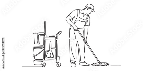 A continuous line drawing of a professional janitor mopping the floor with a cleaning cart nearby Vector, illustration