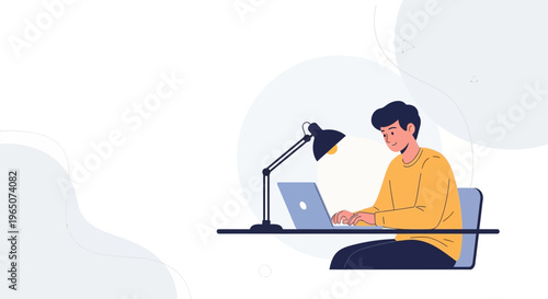 Young man working on laptop at desk with lamp, modern flat illustration